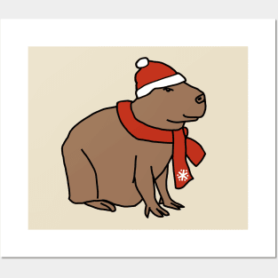 Winter Capybara Wearing Red Hat and Scarf Posters and Art